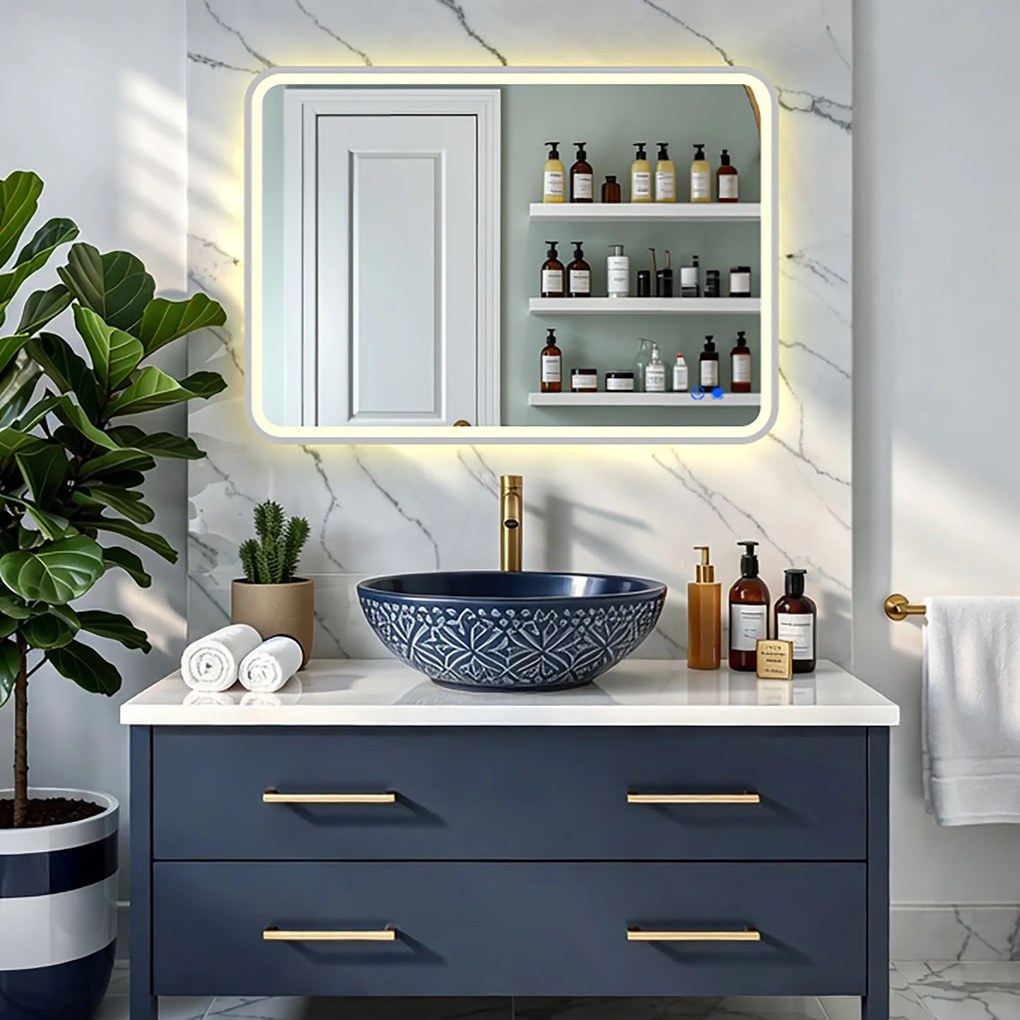 Specchio LED arrotondato con retroilluminazione - 80x60/100x70/120x70 cm con cornice in alluminio argentato