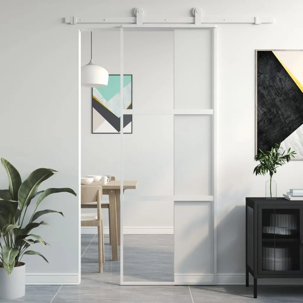 Porta Scorrevole Bianca 76x205 Cm Vetro Temperato E Alluminio /