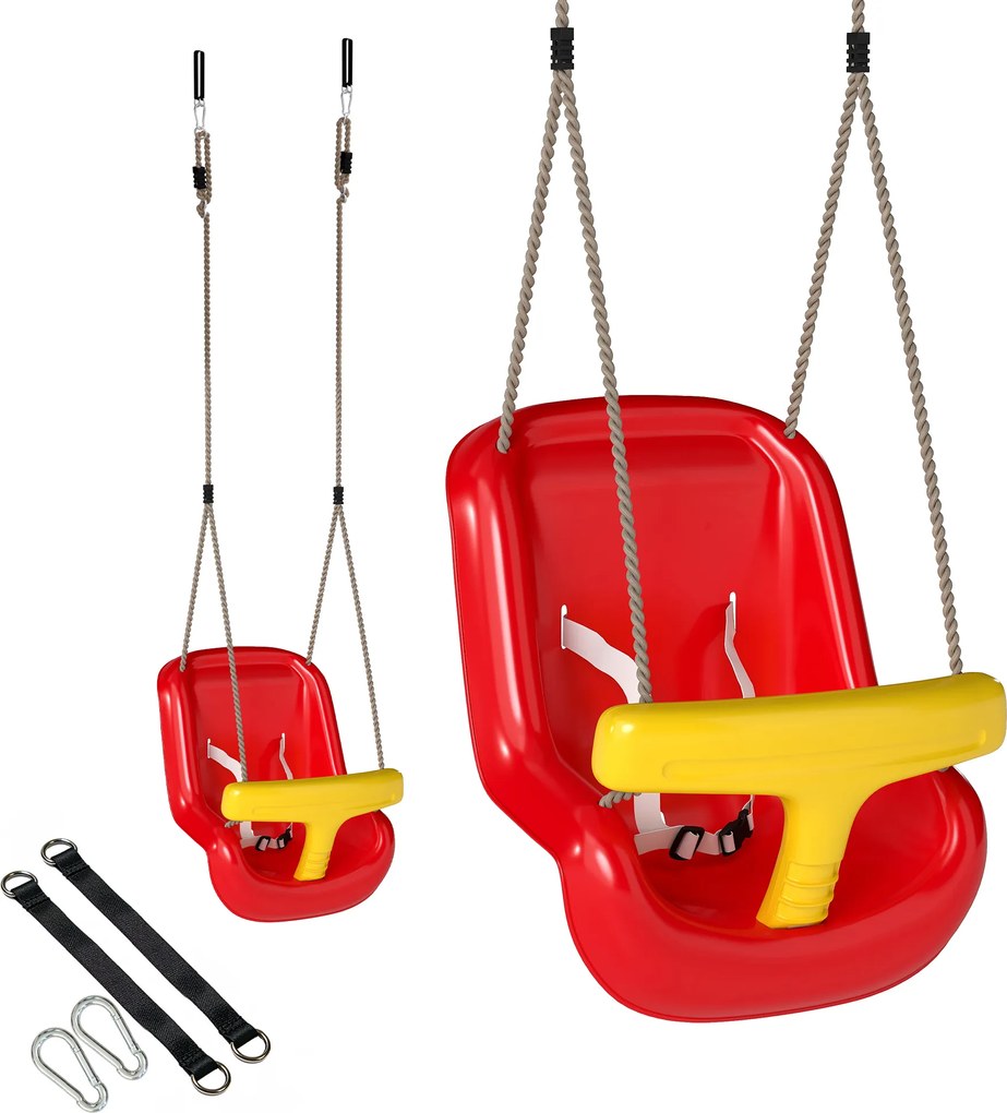 Altalena per Bambini 9-36 Mesi Regolabile 28x36x180 cm con Corde e Moschettoni in PE Rossa e Gialla...
