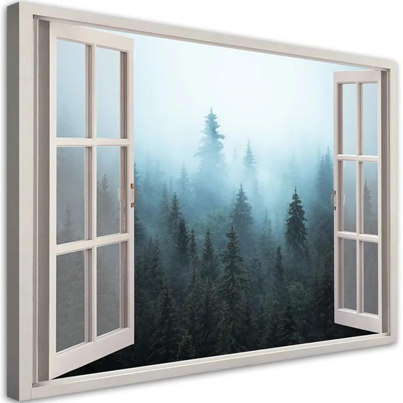 Quadro su tela, Visualizza finestra Foresta nella natura nebbia