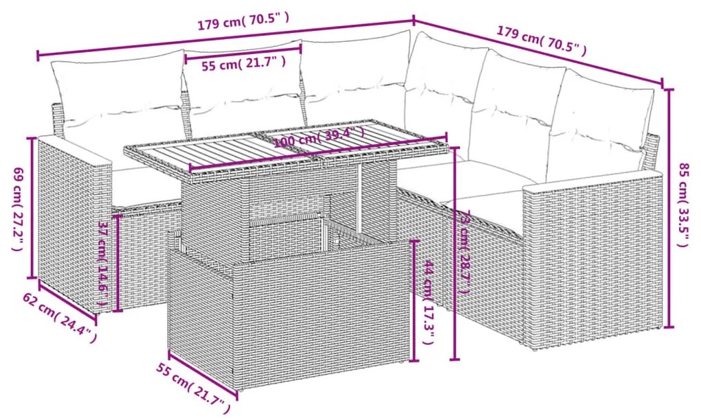 Set divano da giardino 6 pz con cuscini beige in polyrattan