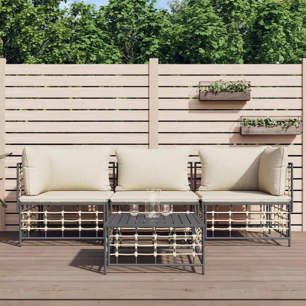 Set divani da giardino 4 pz con cuscini antracite in polyrattan