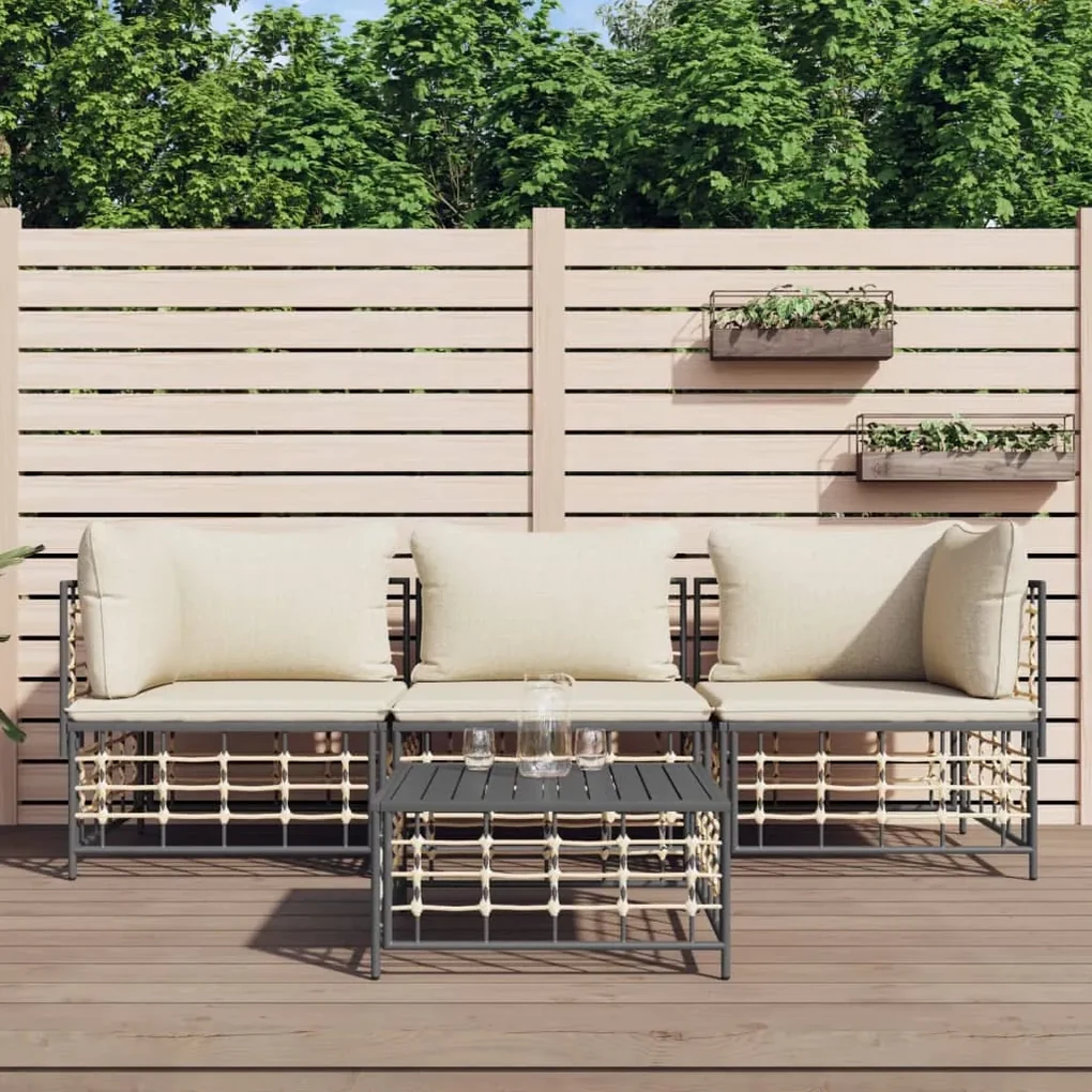 Set divani da giardino 4 pz con cuscini antracite in polyrattan