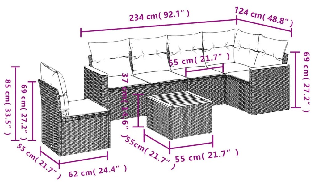 Set divani da giardino 7 pz con cuscini beige in polyrattan