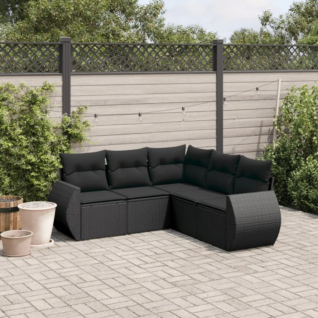 Set divani da giardino 5 pz con cuscini in polyrattan nero