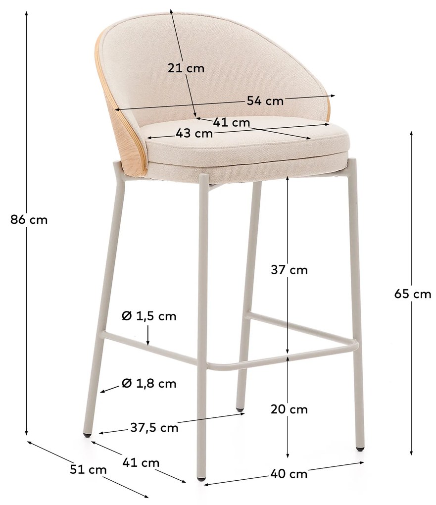 Kave Home - Sgabello Eamy in ciniglia beige, impiallacciato in frassino con rifinitura naturale e meta