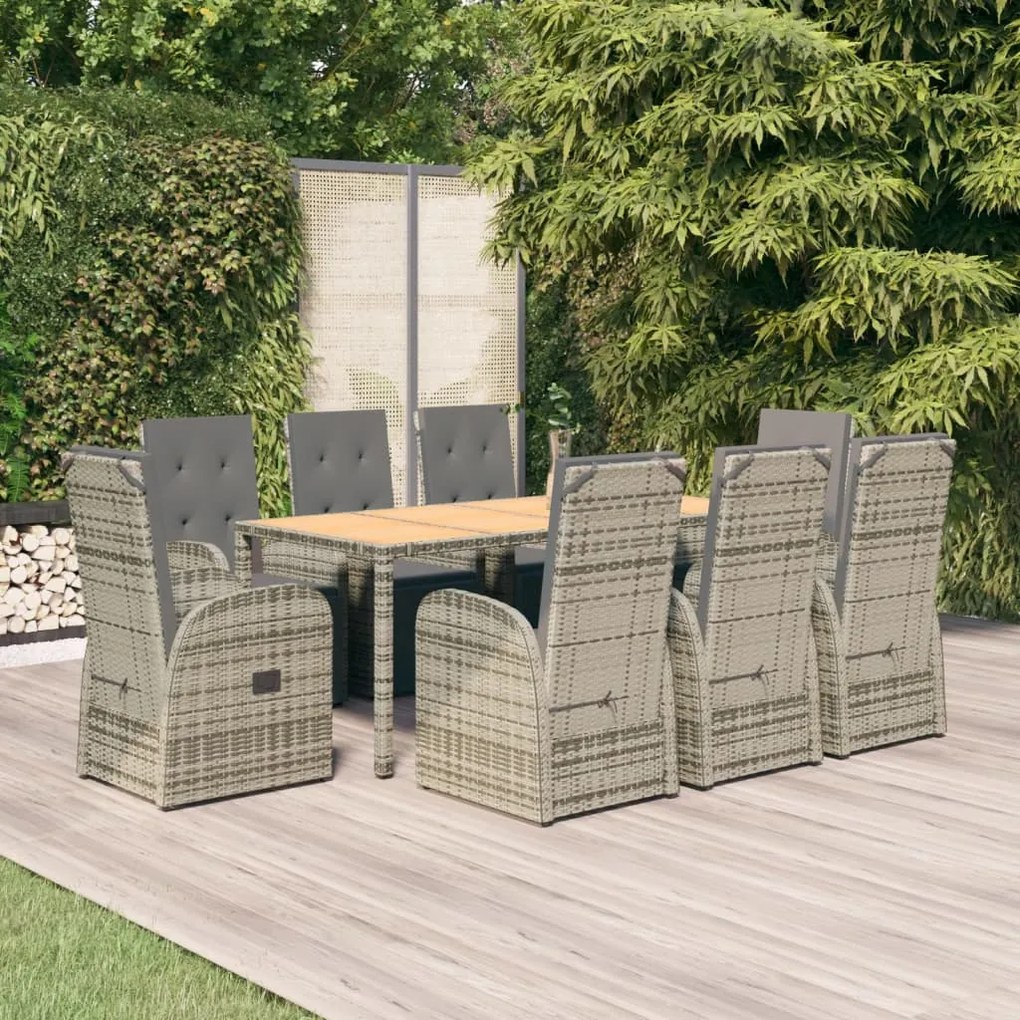 Set da pranzo da giardino 9 pz con cuscini in polyrattan grigio