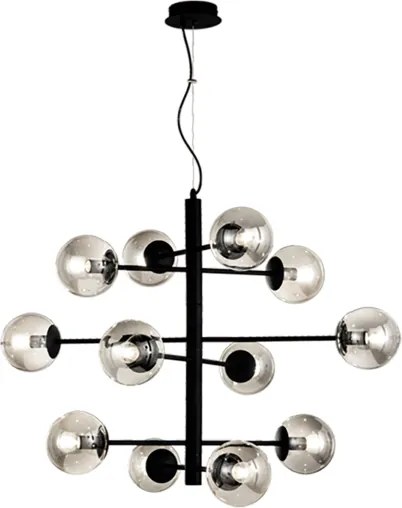 Lampada a sospensione ELISEO 97 cm a 12 Luci in metallo Nero e vetro soffiato Fumč