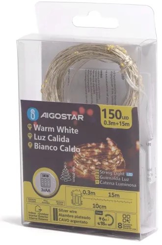 Aigostar -Catena LED natalizia da esterno 150xLED/8 funzioni 3xAA 15,3m IP44 bianco caldo
