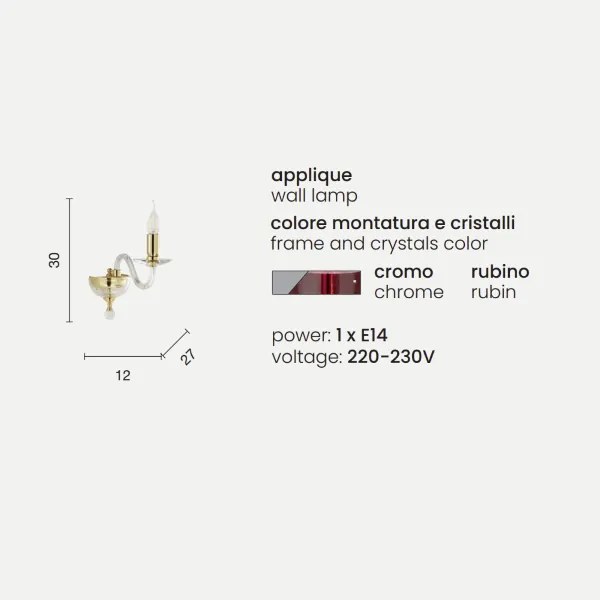 Applique PAGANINI a 1 LUCE in vetro lavorato a mano RUBINO