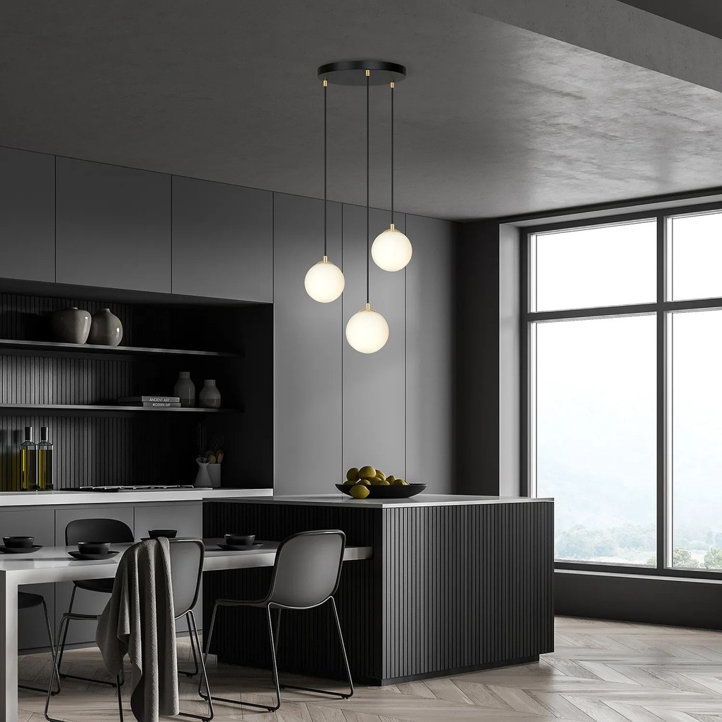 Sospensione Contemporanea Nuada 3 Luci In Acciaio Nero/Oro Sfere Vetro Bianco