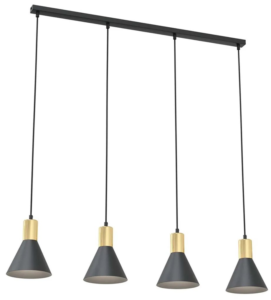 Lampadario 4 Luci Heimdall In Acciaio Nero E Paralumi Conici Nero E Oro