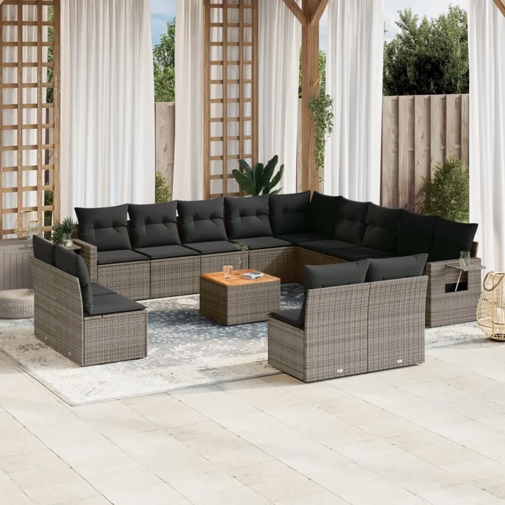 Set divani da giardino 14pz con cuscini in polyrattan grigio