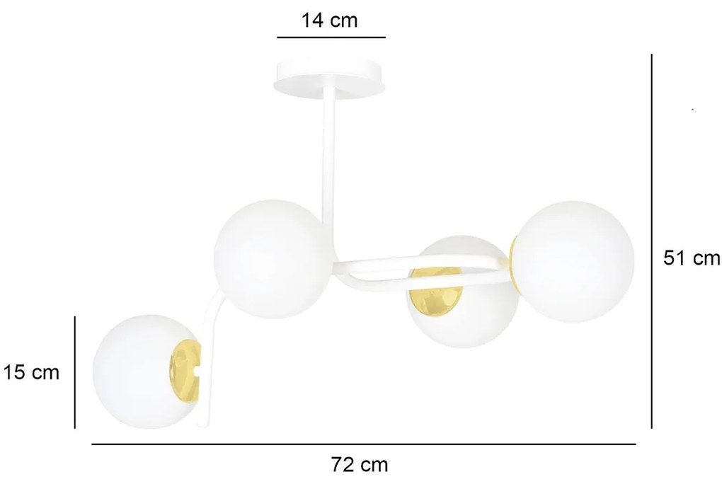 Lampadario 4 Luci Kalf Acciaio Bianco A Bracci Curvi E Sfere Vetro Opalino E Oro