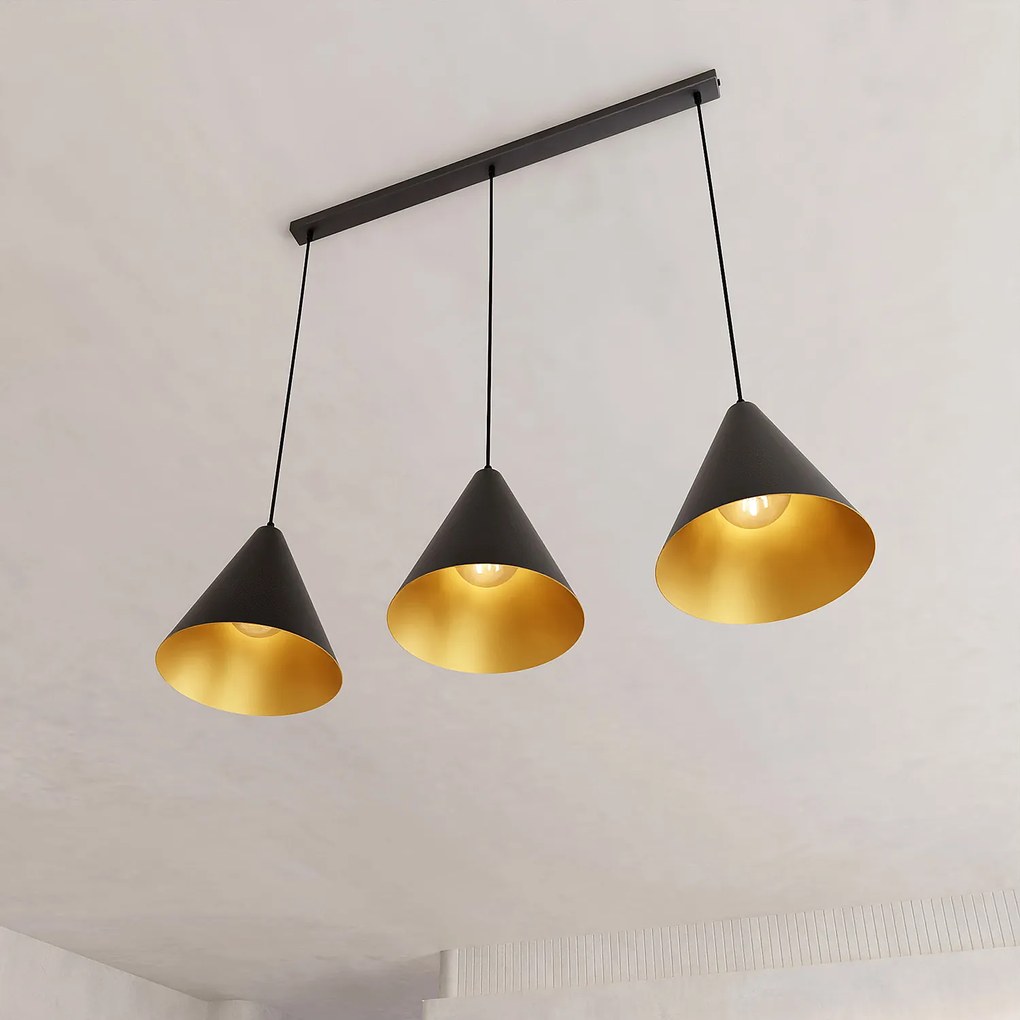 Sospensione Nordica Ninhursag 3 Luci In Acciaio Nero E Oro