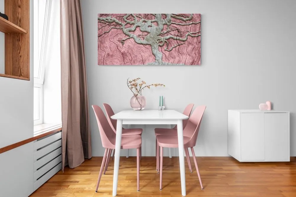 Quadro su tela – Albero astratto su legno con contrasto rosa