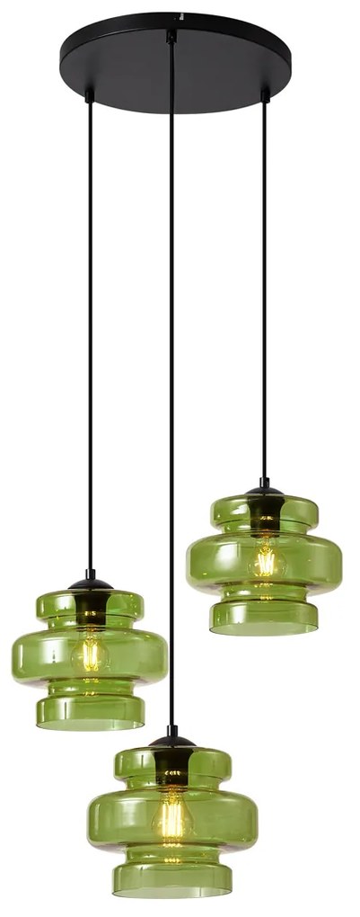 Lampada a sospensione retrò nera con vetro verde a 3 luci - Denise