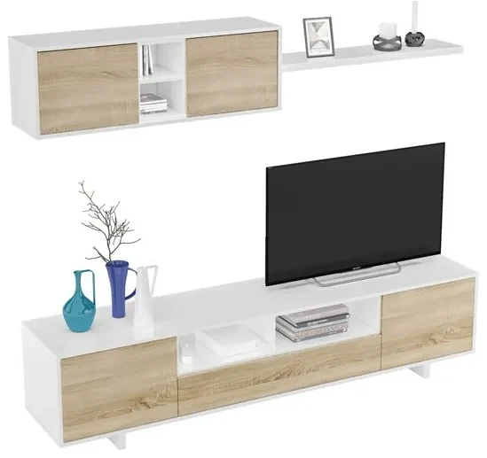 Parete Attrezzata Soggiorno Con Mobile TV E Pensili Design Moderno Rovere E  Bianco