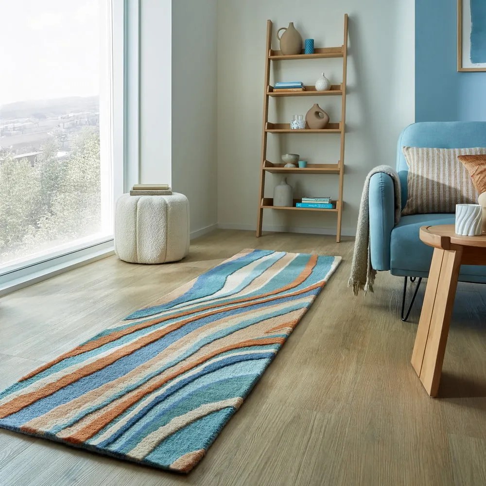 Passatoia blu in lana tessuta a mano 60x230 cm Abstract Flow - Flair Rugs