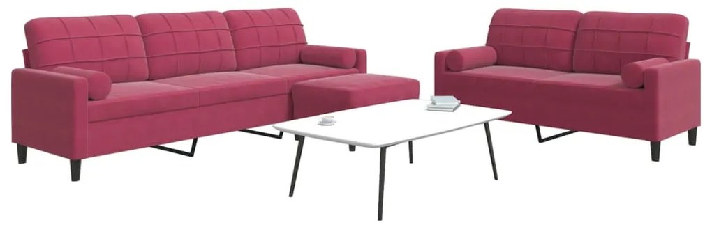 Set Di Divani 3 Pz Con Cuscini E Rinforzi Rosso Vino İn Velluto /
