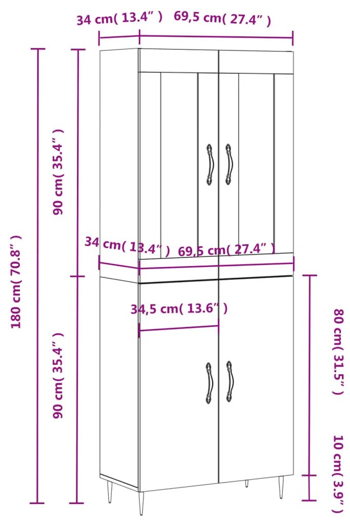 Credenza Bianca 69,5x34x180 cm in Legno Multistrato