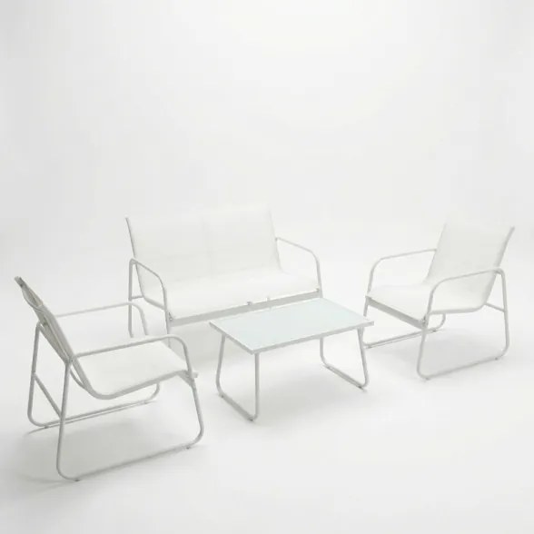 Set Salotto Da Esterno 4 Posti Con Tavolino In Vetro Rest Bianco