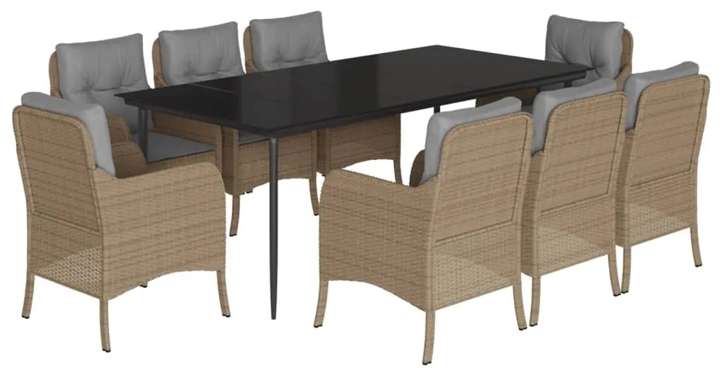Set da pranzo da giardino 9 pz con cuscini beige in polyrattan
