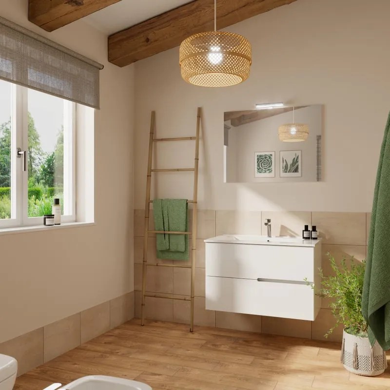 Mobile bagno sospeso con lavabo e illuminazione Eva L 80 x H 51 x P 46 cm bianco in mdf 2 cassetti per vasca centrale effetto legno