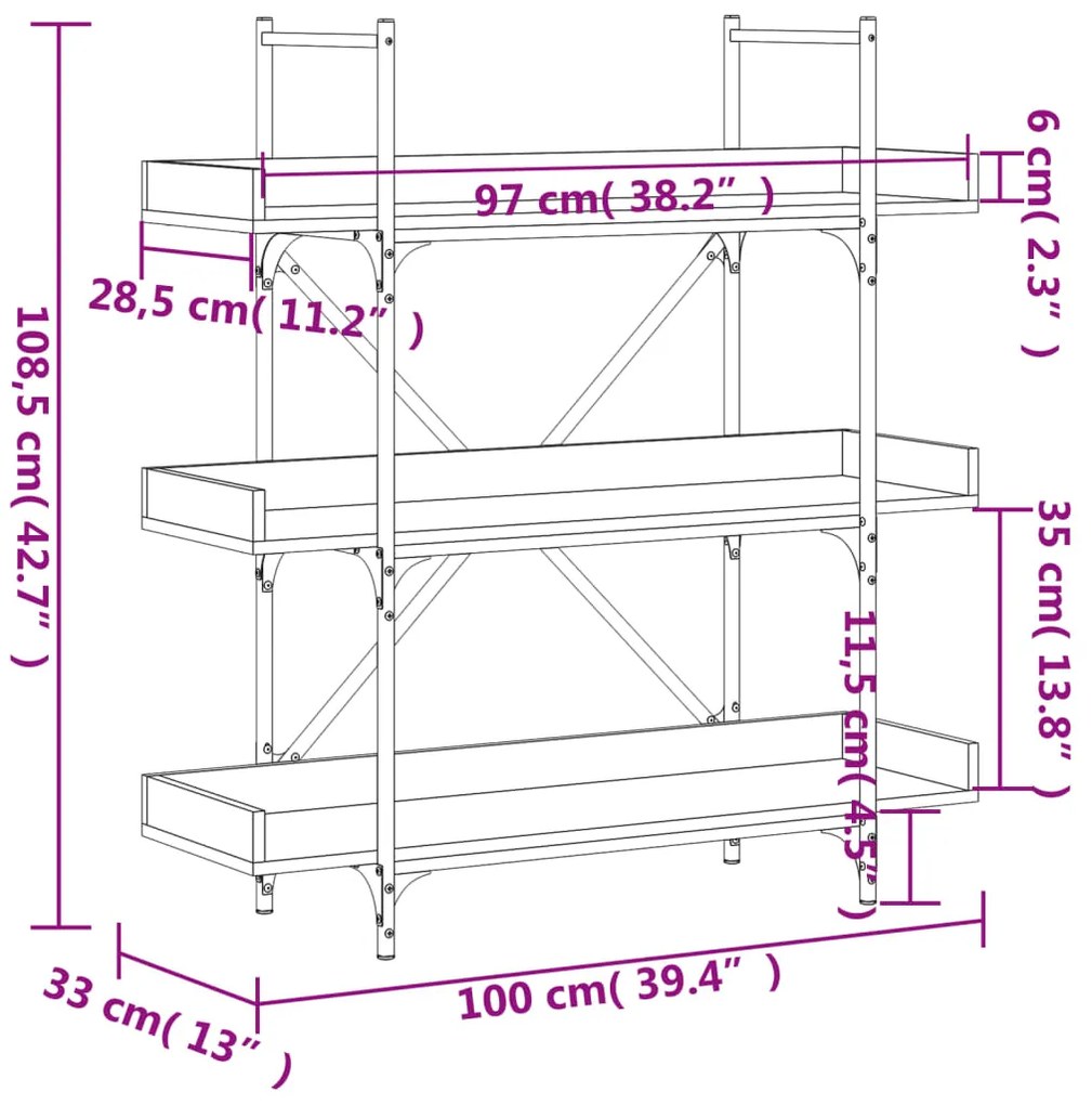 Libreria a 3 Ripiani Nera 100x33x108,5 cm in Legno Multistrato