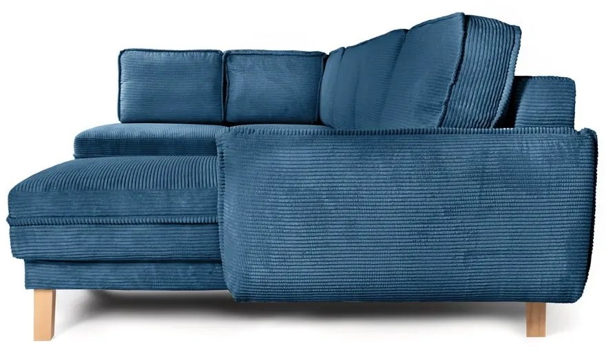 Divano angolare blu allungabile (con penisola a sinistra/a forma di "U") con rivestimento in velluto a coste Tori – Bonami Selection