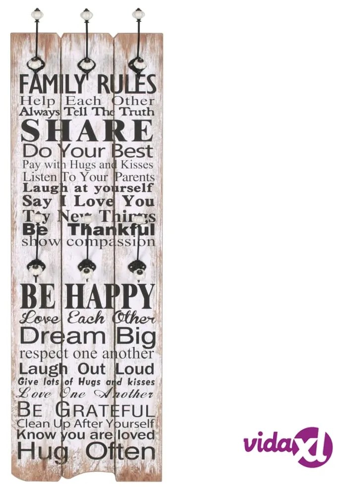 vidaXL Appendiabiti da Parete con 6 Ganci FAMILY RULES 120x40 cm