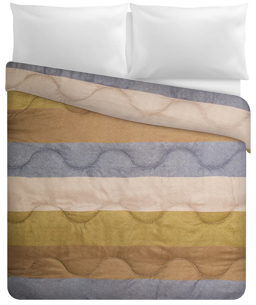 Trapunta matrimoniale Chevron righe beige azzurre microfibra