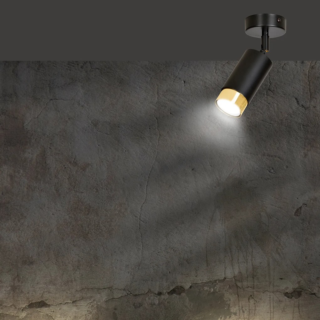 Faretto Orientabile 1 Luce Ragnar A Cilindro In Acciaio Nero E Oro