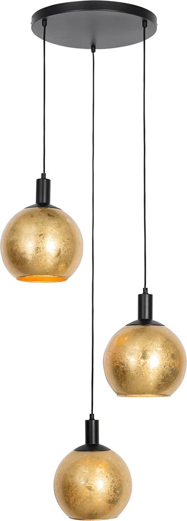 Lampada a sospensione di design nera con vetro dorato 3 luci - Bert