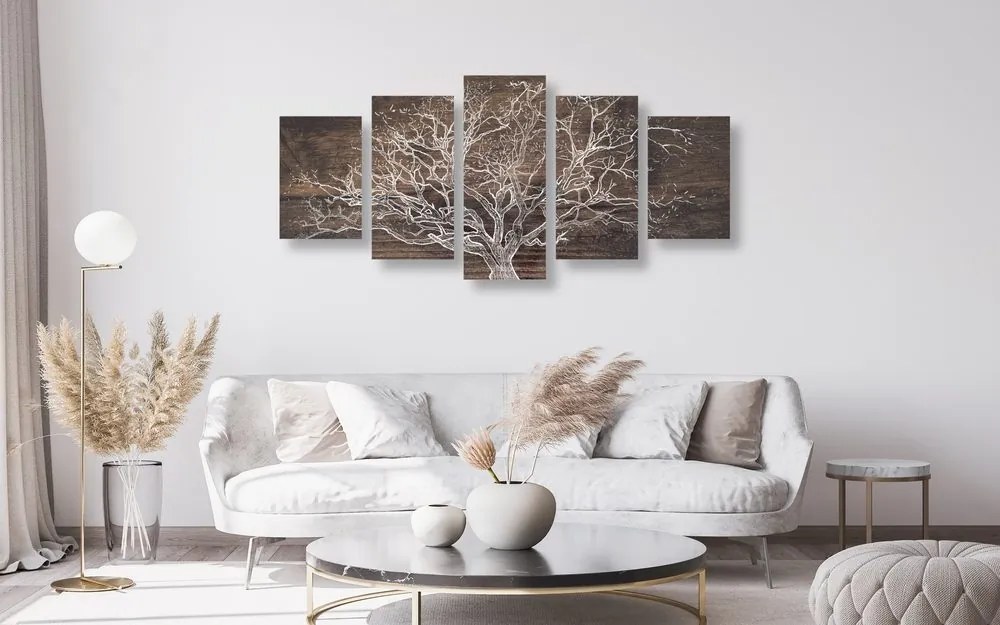 Quadri 5 pezzi – Corona dell'albero su sfondo di legno