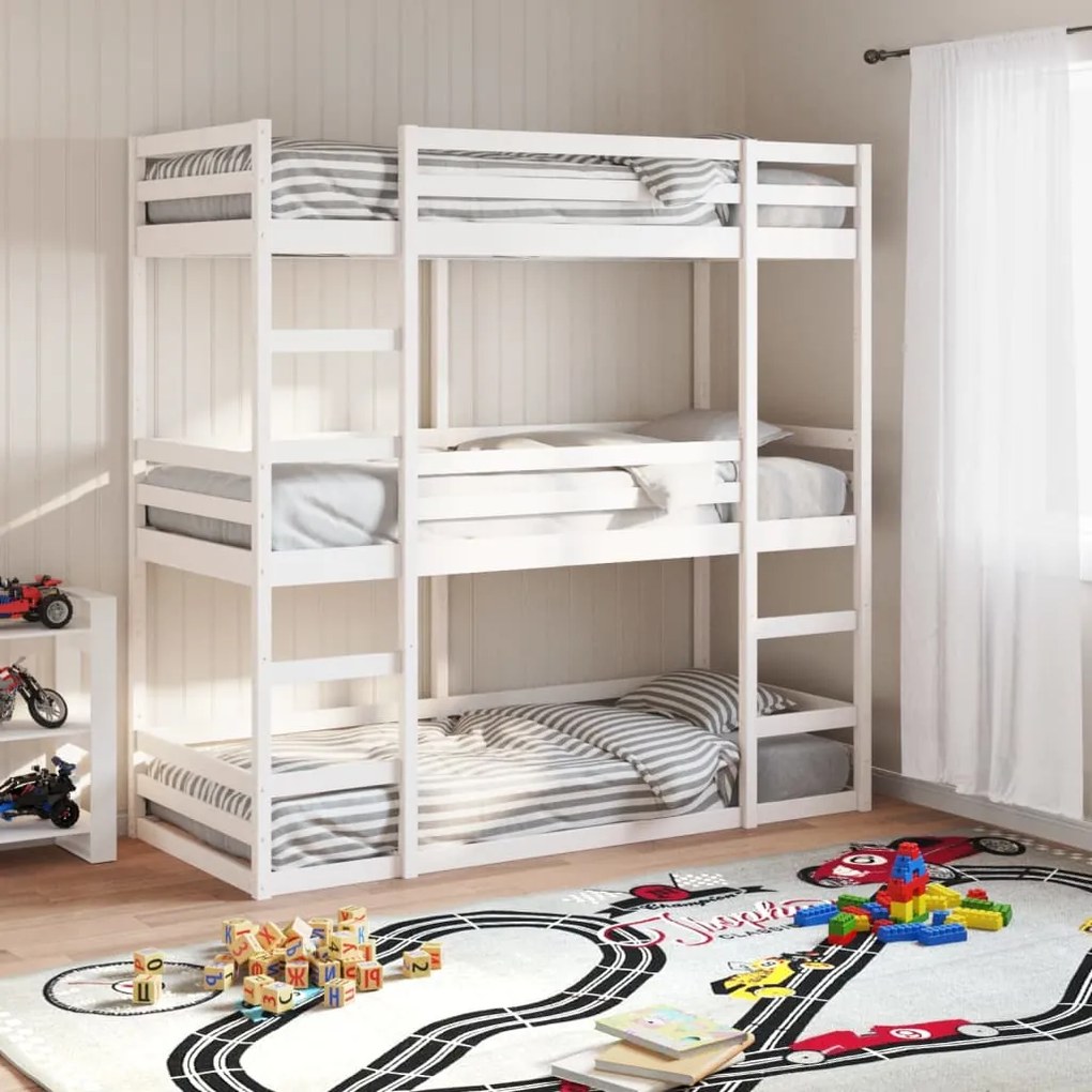 Letto A Castello Triplo Bianco 90x190 Cm Legno Massello Di Pino /