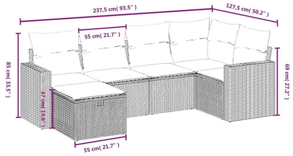 Set divano da giardino 6 pz con cuscini grigio in polyrattan