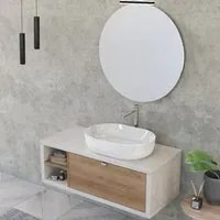 Composizione bagno sospesa Nyumba grigia cielo con vano a giorno e cassetto in rovere 110x40 comprende lavabo, specchio e lampada LED