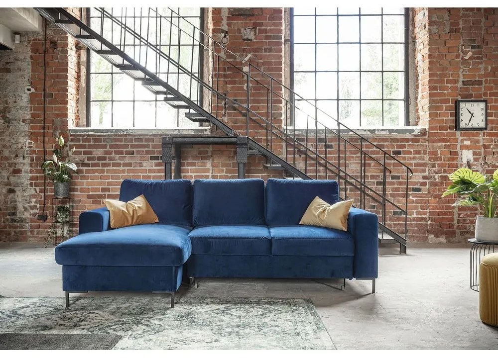 Divano letto angolare in velluto blu navy, angolo sinistro Lofty Lilly - Miuform