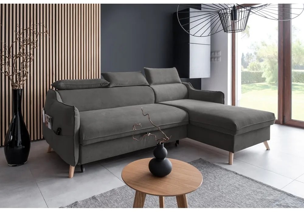 Divano letto angolare in velluto grigio scuro (angolo destro) Sweet Harmony - Miuform