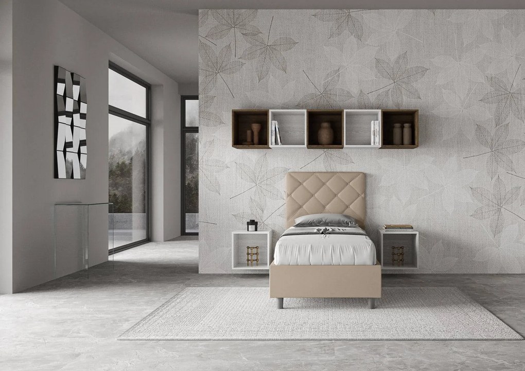 Letto Singolo 80x210 Priya in Similpelle con Contenitore - L.95xP.230 H.122 cm, Made in Italy, Tortora / Senza Rete