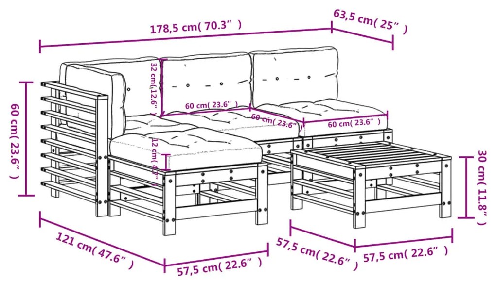 Set Divani da Giardino 5 pz con Cuscini in Legno Massello