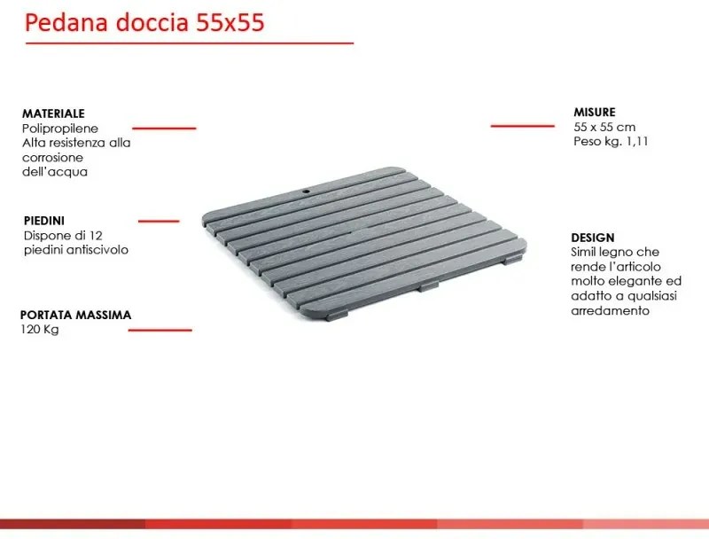 Pedana antiscivolo per doccia 55x55 cm in polipropilene con finitura grigia