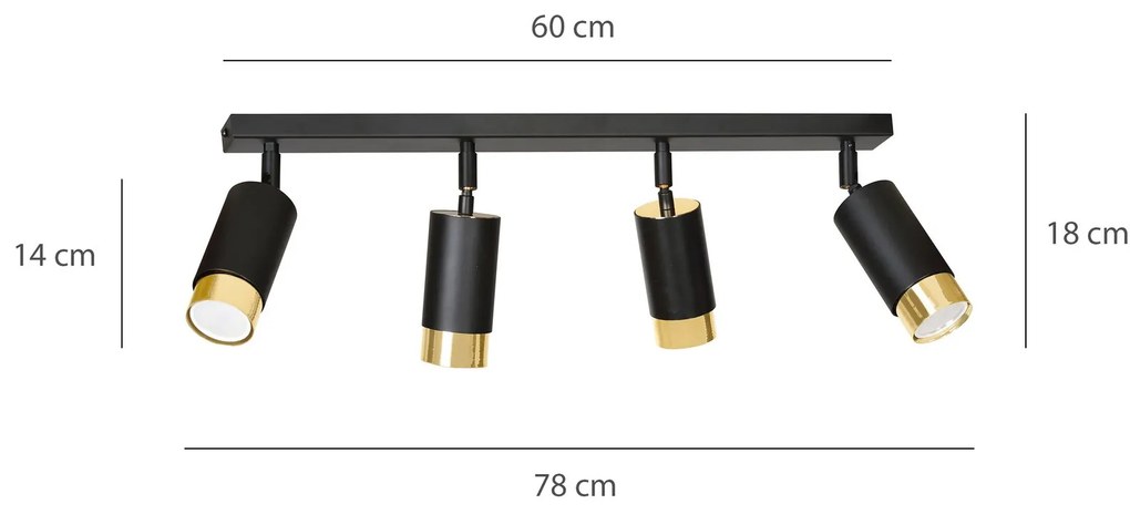 Plafoniera 4 Luci A Faretti Orientabili A Cilindro In Acciaio Nero E Oro