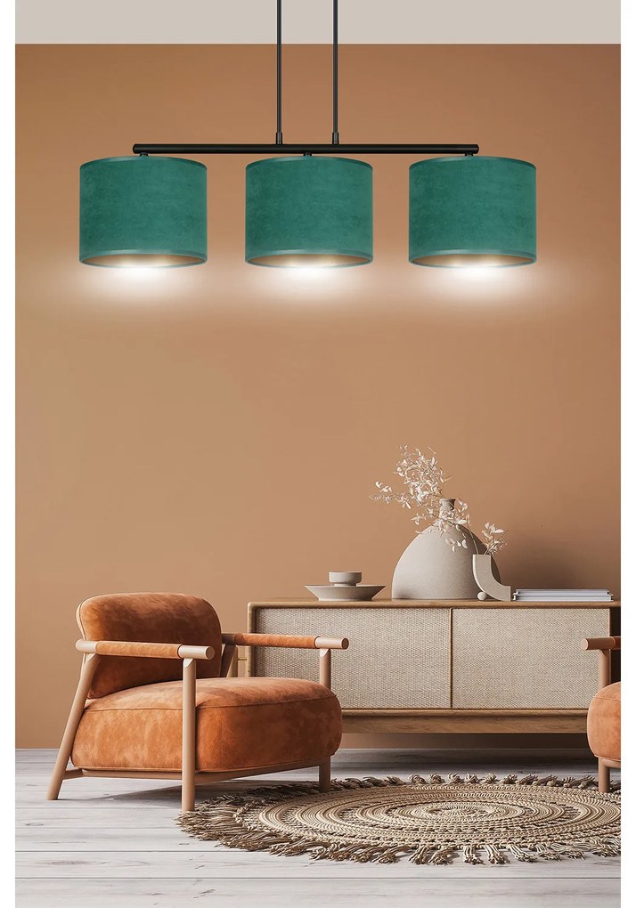 Lampadario 3 Luci Ganesha In Acciaio Nero E Paralumi In Tessuto Verde
