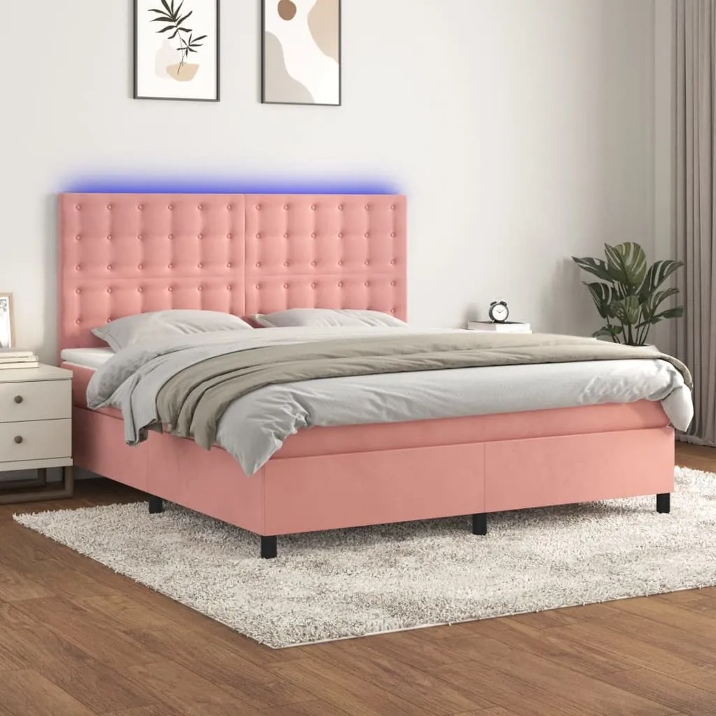 Letto a molle con materasso e led rosa 180x200 cm in velluto