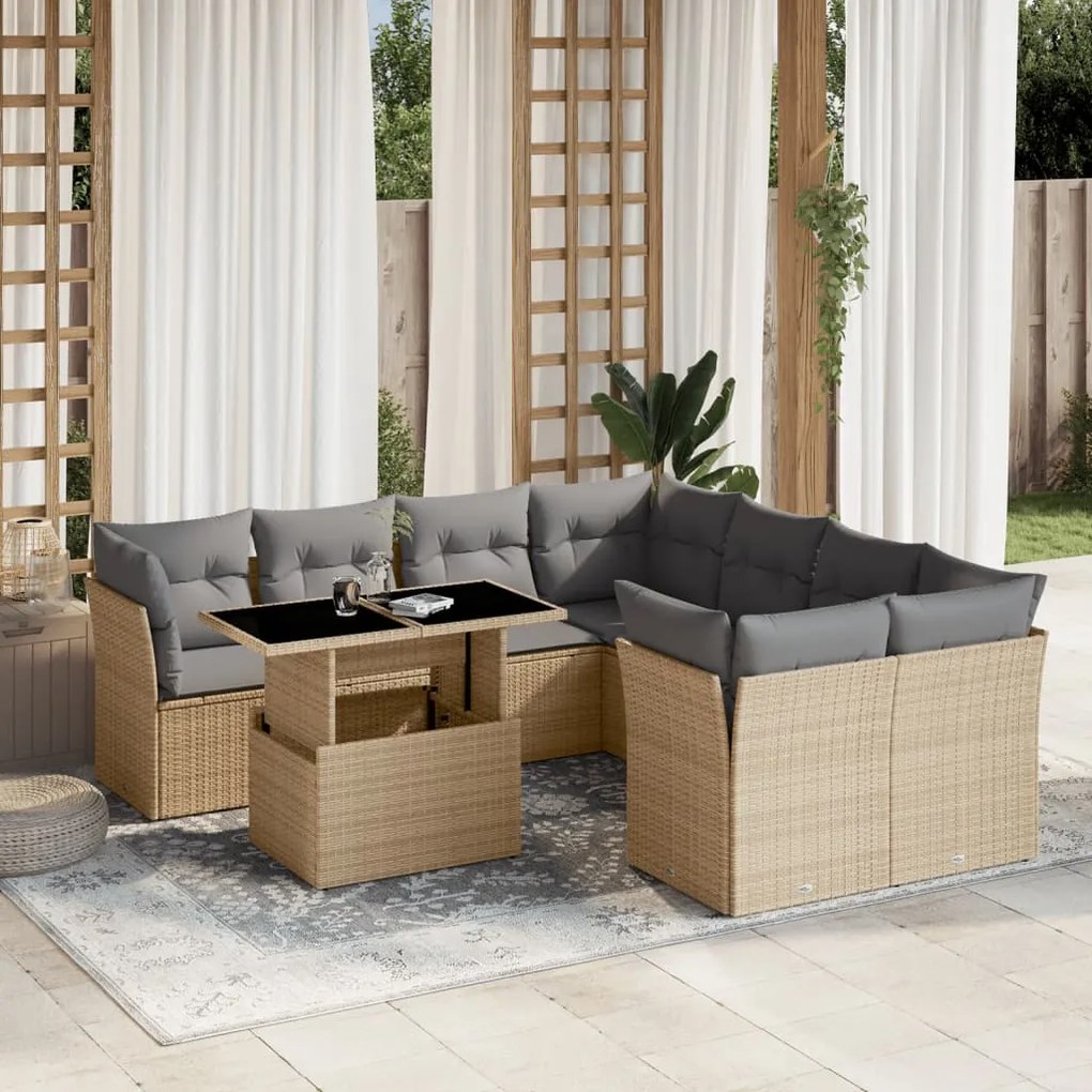 Set divano da giardino 9 pz con cuscini beige in polyrattan