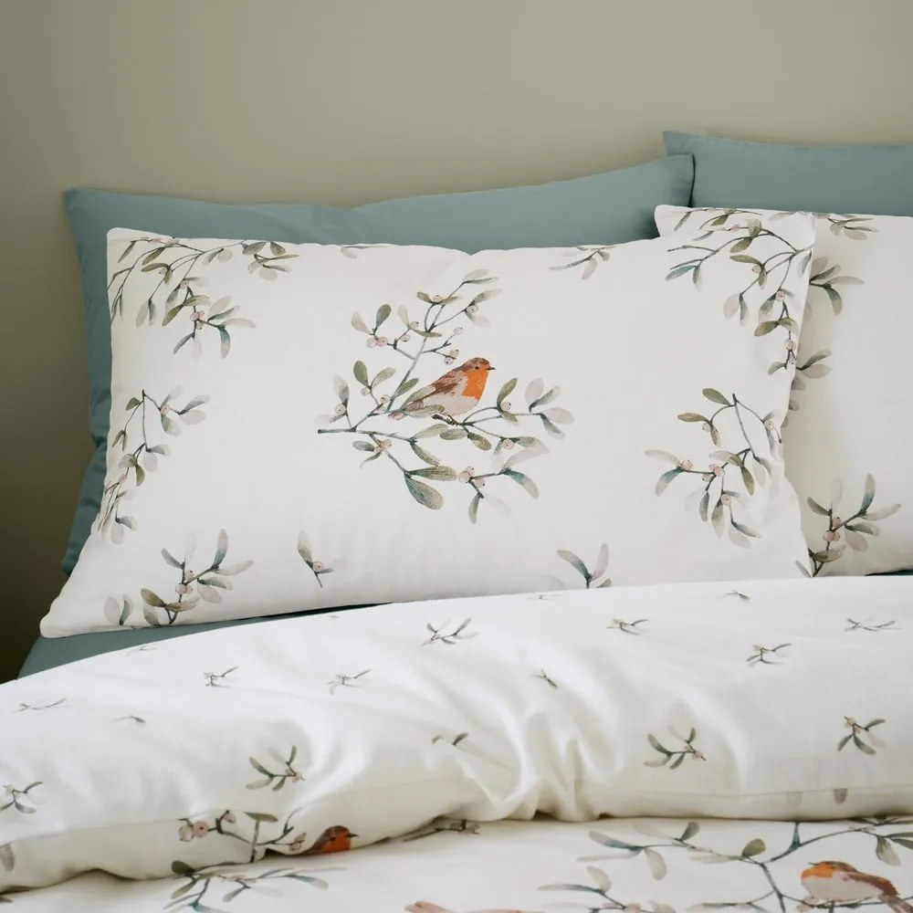 Set copripiumino e federa color crema in flanella per letto matrimoniale e per letto esteso 230x220 cm Mistletoe Robins – Catherine Lansfield