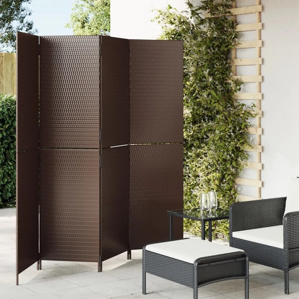 Divisorio per ambienti a 4 pannelli marrone in polyrattan