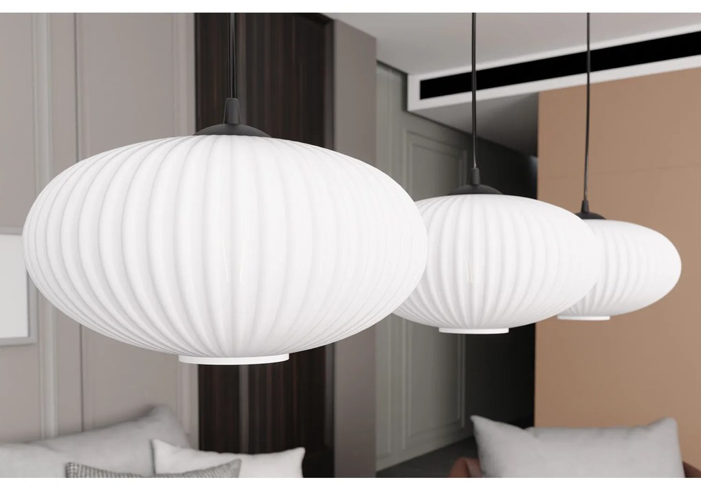 Lampadario 3 Luci Iris In Acciaio Nero Paralume Plissettato Bianco